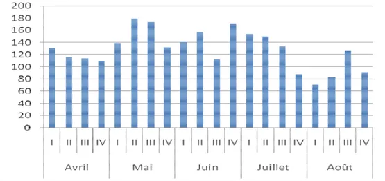 Tableau 6: Effectif moyen des femelles observées journellement selon les semaines aux différents points de vente 