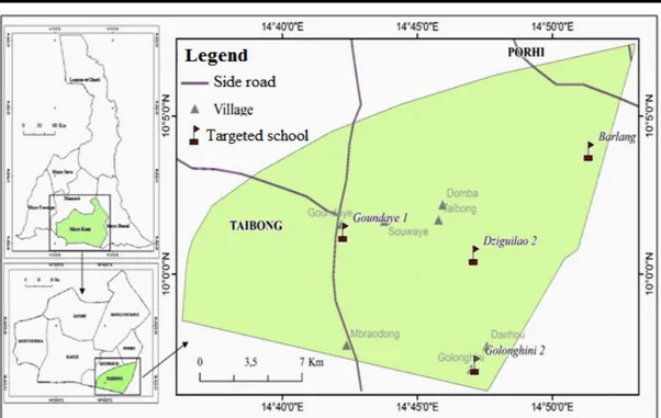 Figure 1: Location of Taïbong Sub Division and targeted schools (Image from Digital globe 2015, Base map NIC, 2014)  Methodology 