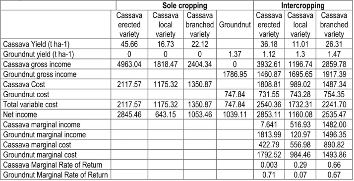 Table 3: Calculation of Marginal Rate of Return between inter and sole cropping systems on cassava and groundnut  at Litoy 