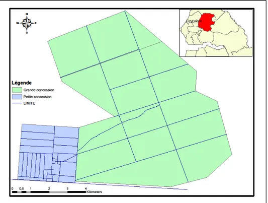 Figure 1 : localisation et plan du CRZ de Dahra  Climat, sols, végétation et systèmes de production  Le climat : La pluviométrie varie d'une année à l'autre  avec  une  moyenne  de  371,67  mm  au  cours  des  cinquante dernières années (données pluviométr