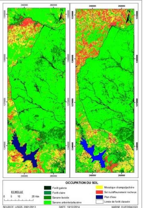 Figure 2: Occupation du sol en 2001 et en 2013 dans la réserve de Pama et sa périphérie  