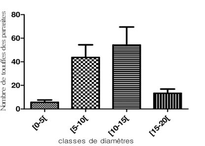 Fig. 4 : Parasitisme des pieds de cacaoyer en fonction des classes de diamètre.  Comportement  des  clones  associés  vis-à-vis  des 