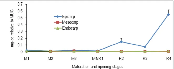 Figure 5: Spatiotemporal changes in the levels of eriodictyol in the epicarp, mesocarp and endocarp of tomato fruits  at different maturation (M) and ripening (R) stages