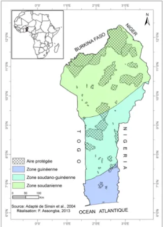 Figure 1 : Zones climatiques et aires protégées de la République du Bénin.  