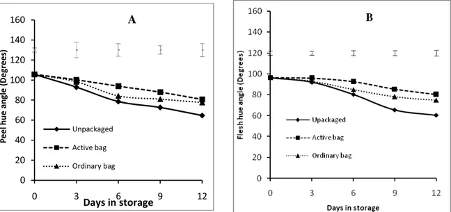 Figure 4: Changes in Peel hue angle (A) and flesh hue angle (B) of ‘Tommy Atkins’ mango fruits which were left unpackaged  (control), packaged in ordinary polythene bags or Activebag®