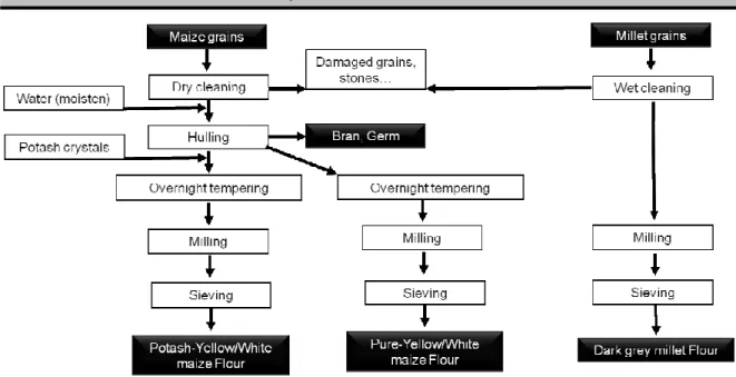 Figure 1: Diagram of market and standard (maize and millet) flours processing  Proteins were determined through the Kjeldhal method 