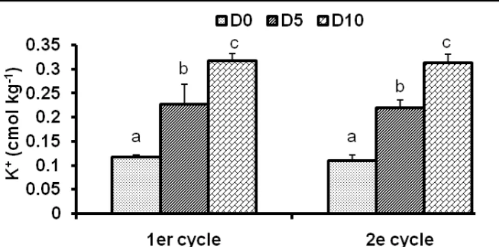 Figure 13 : Teneurs en K +  des sols, en fonction des doses de coques, à la fin de l’essai de culture de maïs