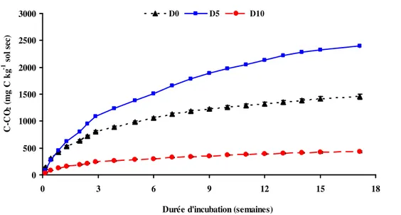 Figure 2 : Evolution des quantités cumulées de C-CO 2  dégagé en fonction des doses de C et du temps d’incubation