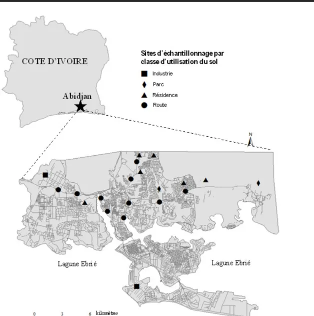 Figure 1 : Localisation du District d’Abidjan en Côte d’Ivoire et des différentes zones d’échantillonnage dans les quatre  (04) types d’utilisation du sol
