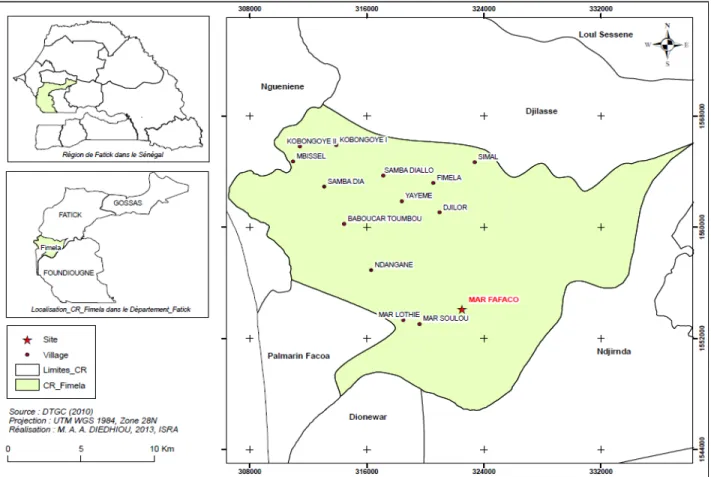 Figure 1 : Carte de la localisation de Mar Fafaco  L’île  de  Mar  baigne  dans  un  environnement  naturel  sous  l’influence  d’un  climat  de  type  Soudano  –  Sahélien  à  caractère  maritime  marqué  par  l’existence  de  deux  saisons  distinctes  (