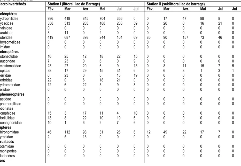 Tableau 1 : Nombre d’individus par famille de macroinvertébrés échantillonnés au niveau de deux stations d’observation du barrage de Boura pendant la période  de février à juillet 2012
