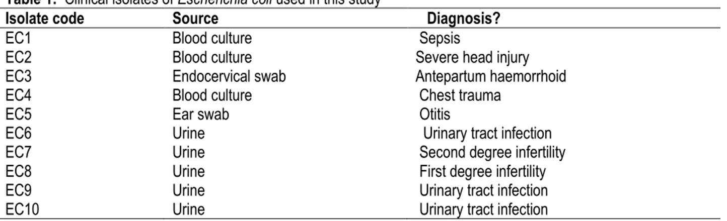 Table 1:  Clinical isolates of Escherichia coli used in this study 