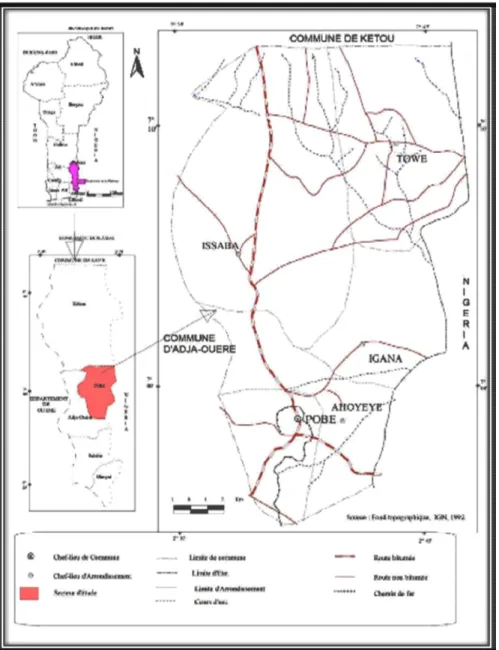 Figure 1 : Map of Pobè Province showing the study area in red. Source : Dansou, 2011.  Sampling techniques: Similarly to any region in Benin, 