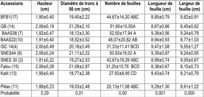 Tableau  1 :  paramètres  de  croissance  des  différentes  accessions  de  J.  curcas  après  trois  ans  d’installation  sans  entretien ni arrosage au Niger