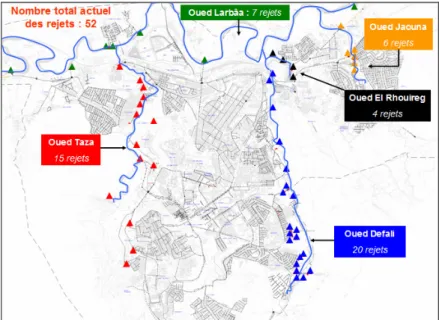 Figure 1 : Le réseau d’assainissement de la ville avec emplacement des rejets (RADEETA)  La  carte  d’occupation  des  sols  et  des  images 