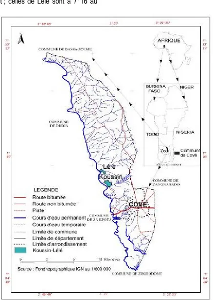 Figure  1 :  Carte  de  la  commune  de  Covè  au  Bénin  avec  la  localisation  des périmètres  rizicoles  de  Koussin  et de  Lélé