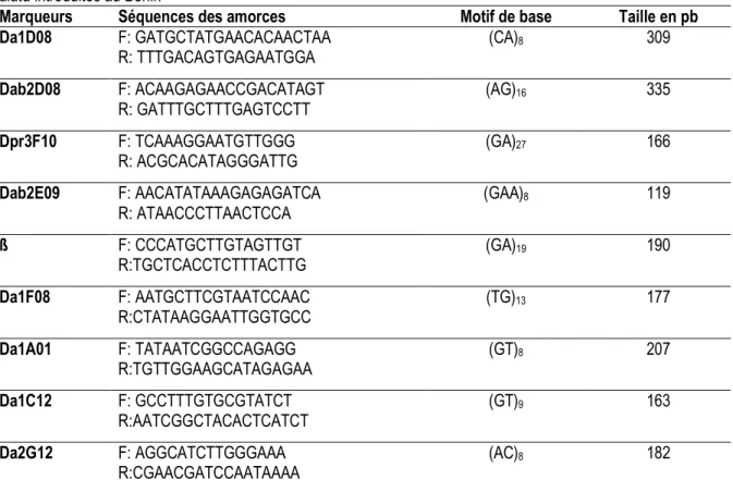 Tableau 2: Caractéristiques des marqueurs microsatellites utilisés pour l’analyse génétique des 21 accessions de D