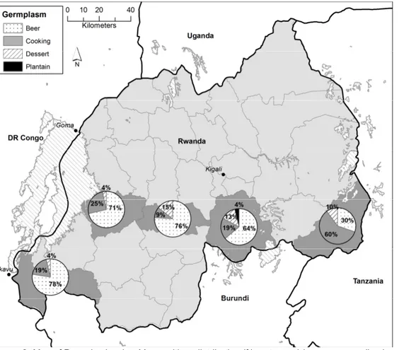 Figure 2: Map of Rwanda showing Musa cultivar distribution (% mat count) by use groups (i.e
