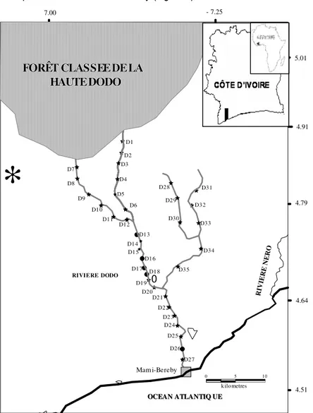 Figure 1: Situation géographique de la rivière Dodo et localisation des stations d’échantillonnage