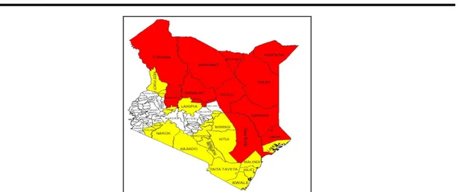 Figure 1: Map showing arid (red), semi-arid (yellow) and high potential (white) regions in Kenya