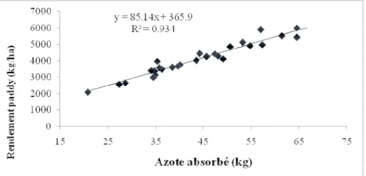 Figure 1: Relation entre l'azote absorbé et le rendement paddy  Efficacité  agronomique  de  l’azote :  Comme  pour  l’efficacité de recouvrement, l’efficacité agronomique de  l’azote a été décroissante pour les parcelles fertilisées à  l’urée  simple  qua