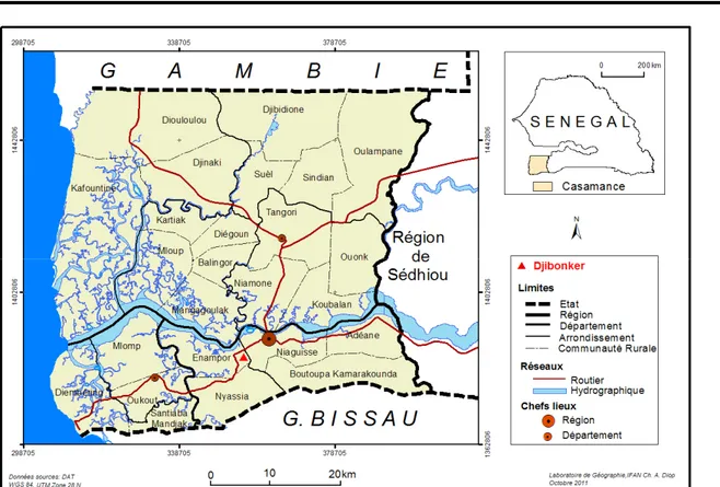 Figure 1 : Carte de localisation de Djibonker, région de Ziguinchor (Sénégal).  La Basse Casamance jouit d’un climat de type tropical qui 