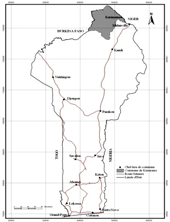 Figure 1: Carte du Bénin avec la localisation de la zone d’étude : Commune de Karimama (Map of Benin Republic  showing the study area of Karimama district)  