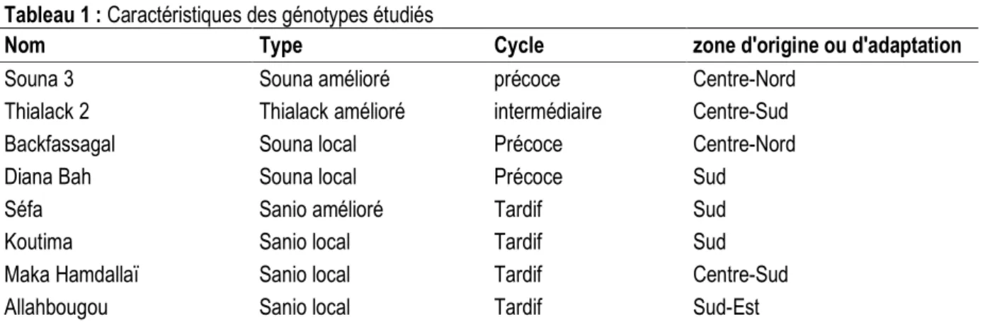 Tableau 1 : Caractéristiques des génotypes étudiés 