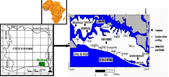 Figure 1 : Situation géographique du site d’étude  Les sables ont été déposés tout le long du littoral Ouest  africain pendant les derniers épisodes de transgressions  et  de  régression  qui  datent  du  quaternaire  (Anghui  et  Biemi,  1984)