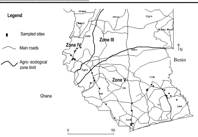 Figure 1: Agroecological zones (AEZs) and survey sites sampled in southern Togo 