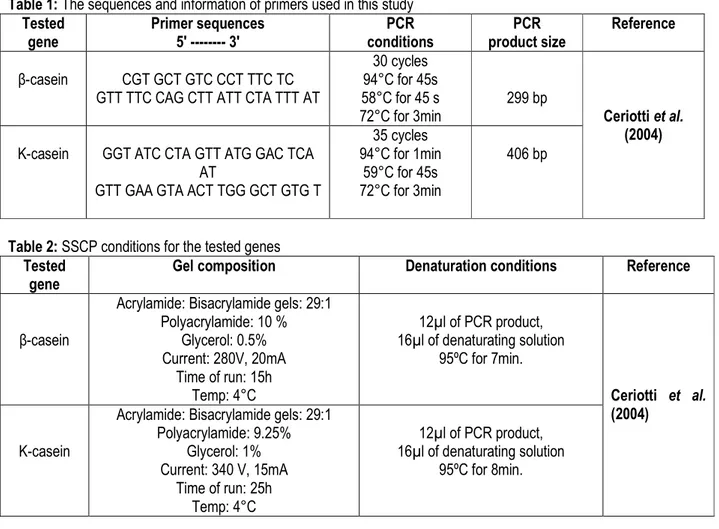 Table 1: The sequences and information of primers used in this study   Tested   gene  Primer sequences 5′ -------- 3′  PCR   conditions  PCR   product size  Reference  β-casein  CGT GCT GTC CCT TTC TC  GTT TTC CAG CTT ATT CTA TTT AT 