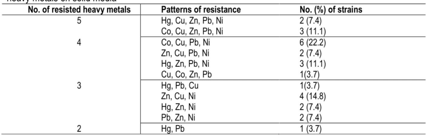 Table 2: Patterns of resistance of 27 bacterial isolates from abattoir wastewaters and sludge in Nairobi to 6  heavy metals on solid media 