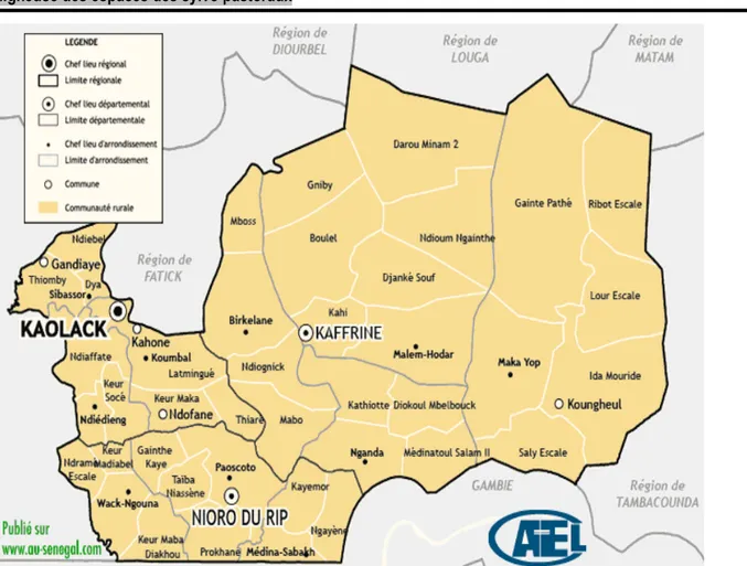 Figure 1 : Localisation des mises en défens étudiée (source : http://www.au-senegal.com/carte-administrative-de-la- http://www.au-senegal.com/carte-administrative-de-la-region-de-kaolack,034.html) 