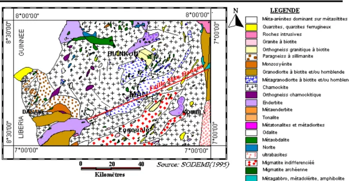 Figure 2 : Carte géologique de la région de Man-Biankouman (Saley, 2003)  Cadre  hydrogéologique  et  pédologique  de 