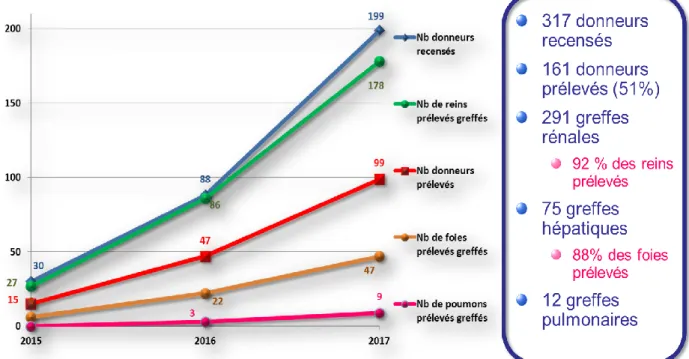 Figure 5 : Résumé de l’activité de transplantation à partir des DDACM 3 : 378 greffes en 36 mois 