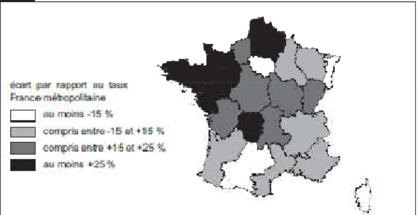 Figure 1 Disparités régionales de la mortalité par suicide 2000-2002(DREES) 