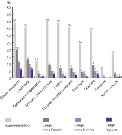 Figure 3 : Usages de cannabis suivant le statut scolaire et professionnel parmi les 15-64 ans en 2005 (en %)