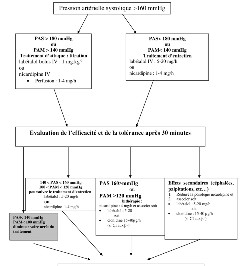 Figure 1: Algorithme de prescription du traitement antihypertenseur modifié   (PAM : pression artérielle moyenne = [PA Systolique + 2*PA Diastolique] / 3)  