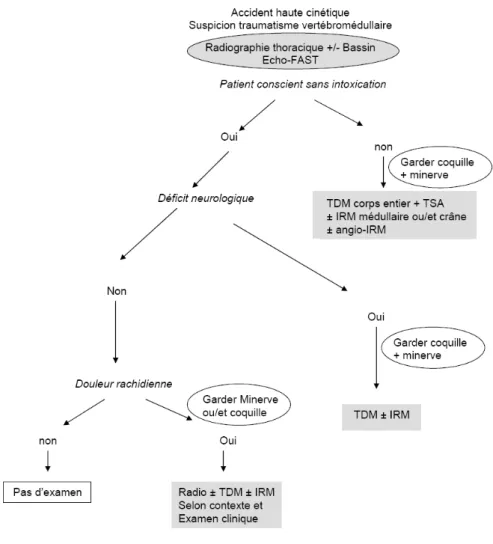 Figure 1. Algorithme décisionnel pour l’utilisation des examens radiologiques chez un patient  suspect de traumatisme vertébro-médullaire