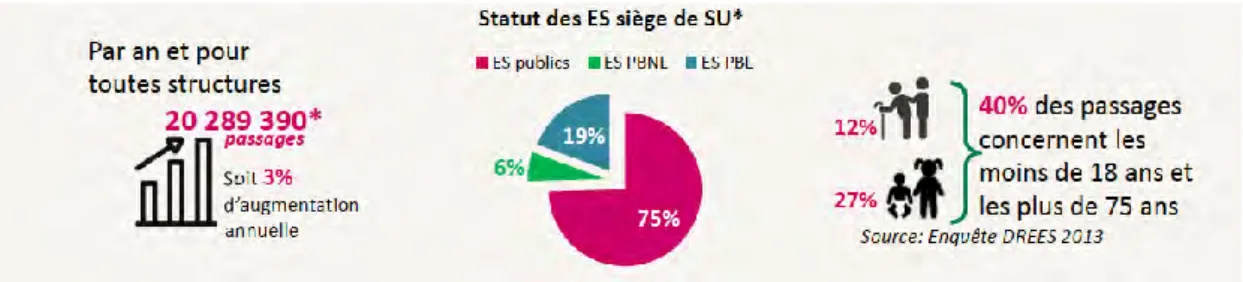 Tableau 1 :   Nombre d’autorisation dans les établissements tout statuts* confondus  Structures d’urgence**  713 