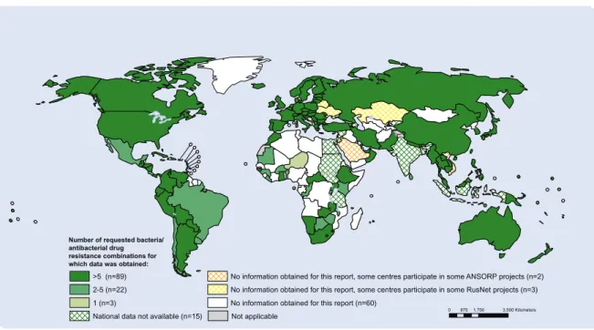 Figure 2  Availability of data on resistance for selected bacteria–antibacterial drug combinations, 2013