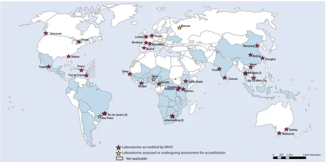 Figure 19   Countries having implemented one or more elements of the WHO Global HIV Drug Resistance  Surveillance and Monitoring Strategy (blue), and location of WHO-accredited genotyping  laboratories for HIV drug resistance (as at end of 2012)