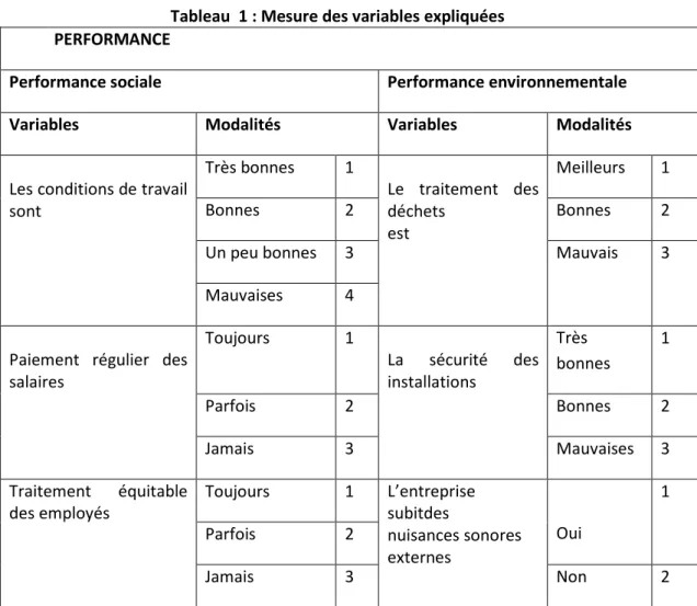 Tableau  1 : Mesure des variables expliquées  PERFORMANCE 