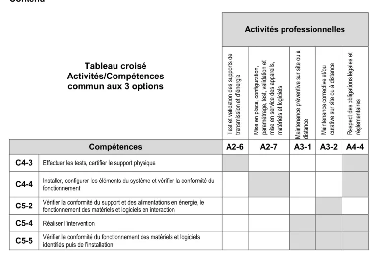 Tableau croisé Activités/Compétences commun aux 3 options