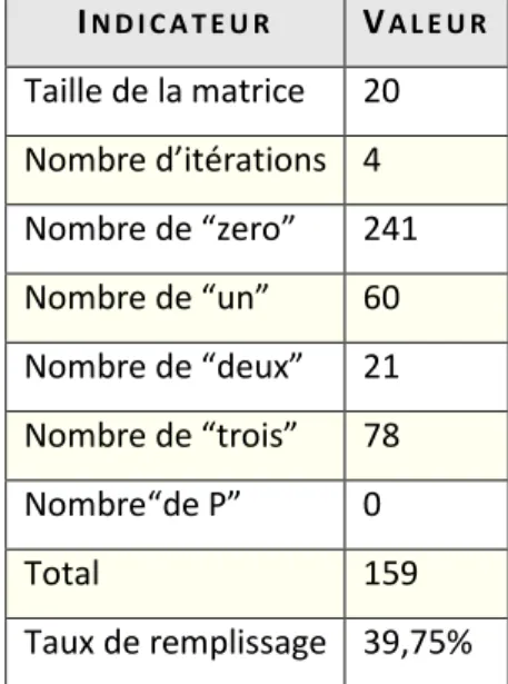 Tableau 3 : Caractéristiques de la matrice d’influences directes 