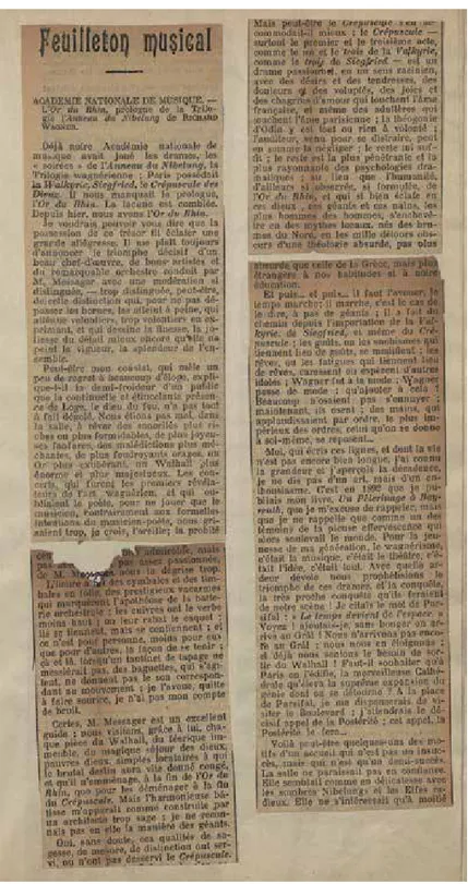 Fig. 69. Emile de Saint-Auban, « Feuilleton musical. Académie Nationale de Musique – L’Or du  Rhin », Le Soleil, Paris, 18 novembre 1909