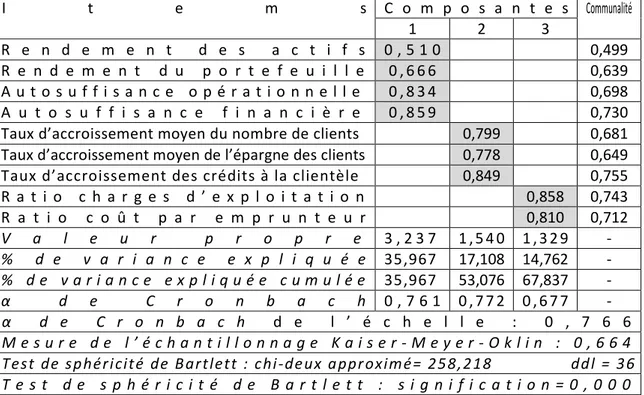 Tableau 6 : Résultats de l’analyse factorielle de la variable performance globale de l’EMF 