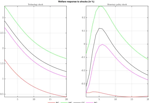 Figure 2.2 – Unconditional welfare response after a positive productivity shock and a negative monetary policy shock