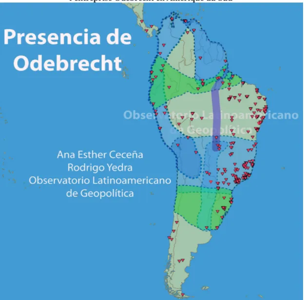 Illustration 8 : Juxtaposition des AID de l'IIRSA et de la localisation des filières de l'entreprise Odebrecht en Amérique du Sud