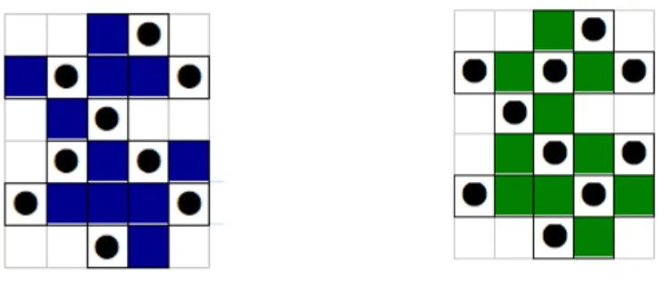 Figure 3 – Deux solutions localement maximales, de cardinal 9, puis 10, obtenues par stratégie  gloutonne, pour le mode d’explosion en croix